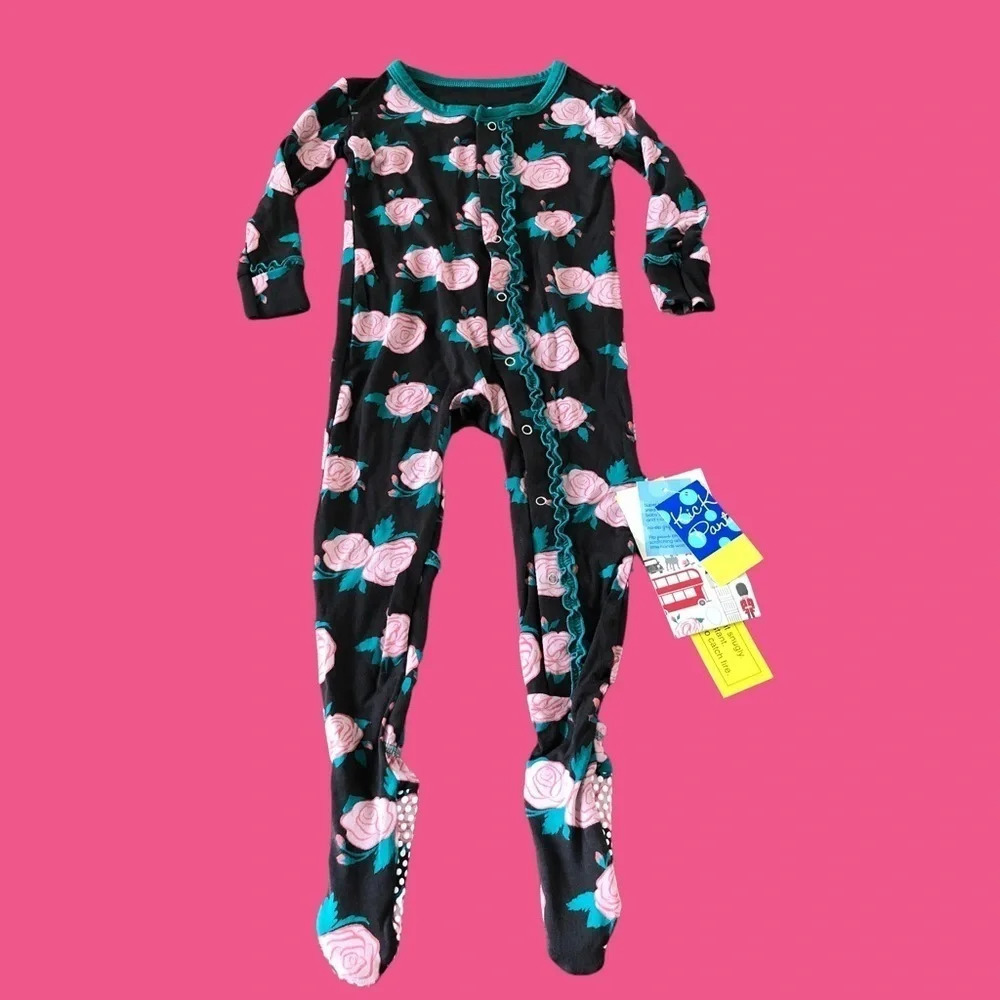 NWT Kickee Pants 12-18 month Muffin Ruffle Footie with snaps English Rose Bamboo